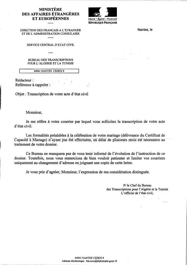Courrier d'accusé de réception d'une demande de transcription de mariage (deuxième exemple)